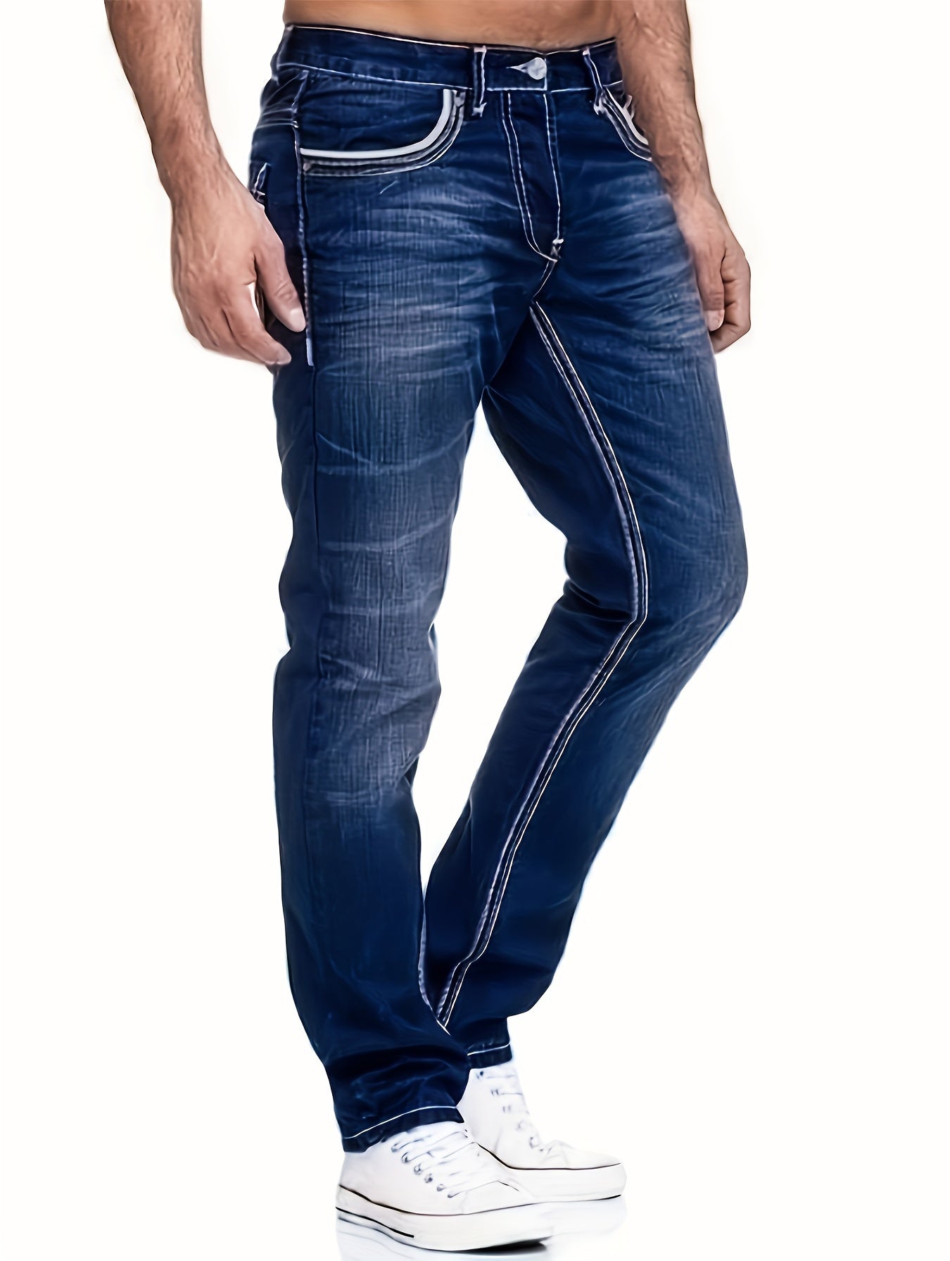 Men's Slim-Fit Embroidered Detail Jeans - Stretch Denim with Patchwork Accents, Machine Washable, Versatile All-Season Wear