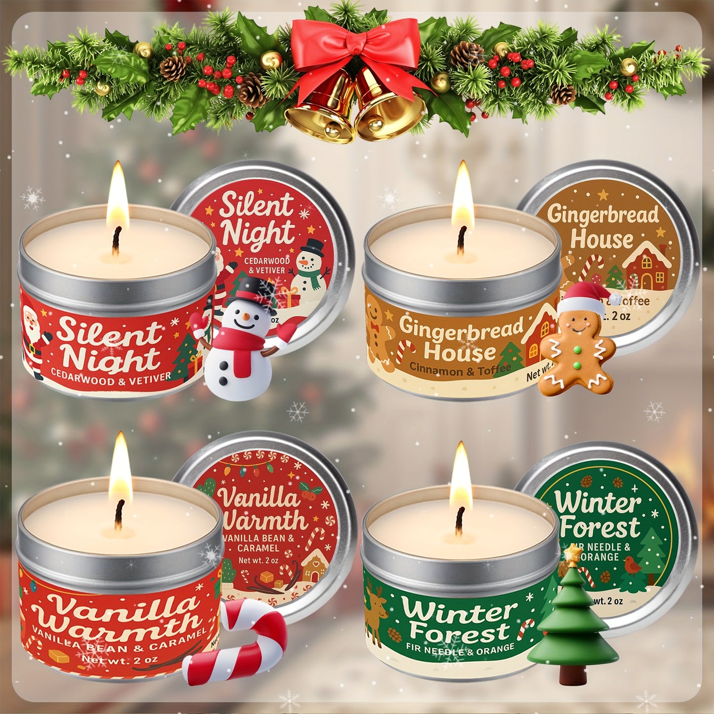 4pcs Premium Holiday Scented Candle Set - Christmas Candles with Cinnamon, Pine Tree & Vanilla Scents | Perfect Gift for Family and Friends | Ideal for Cozy Winter Nights, Holiday Parties & Home Decor | 4x3oz Christmas Candle