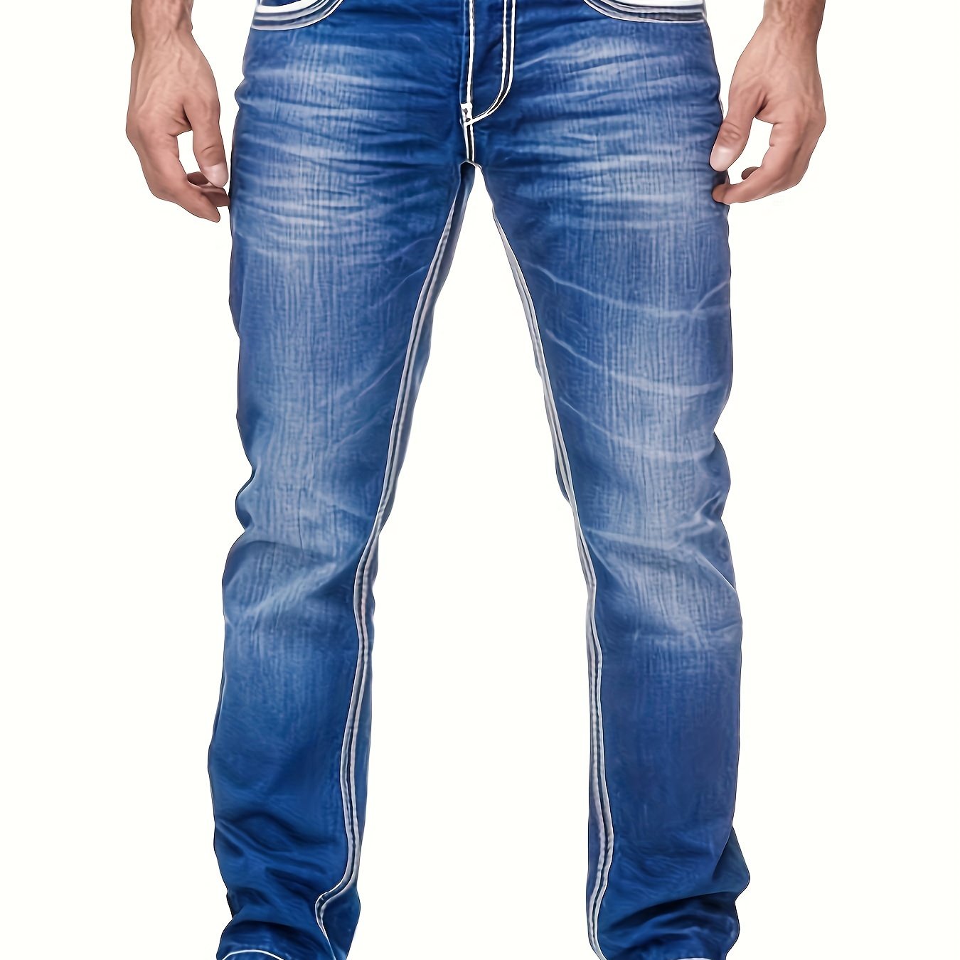Men's Slim-Fit Embroidered Detail Jeans - Stretch Denim with Patchwork Accents, Machine Washable, Versatile All-Season Wear
