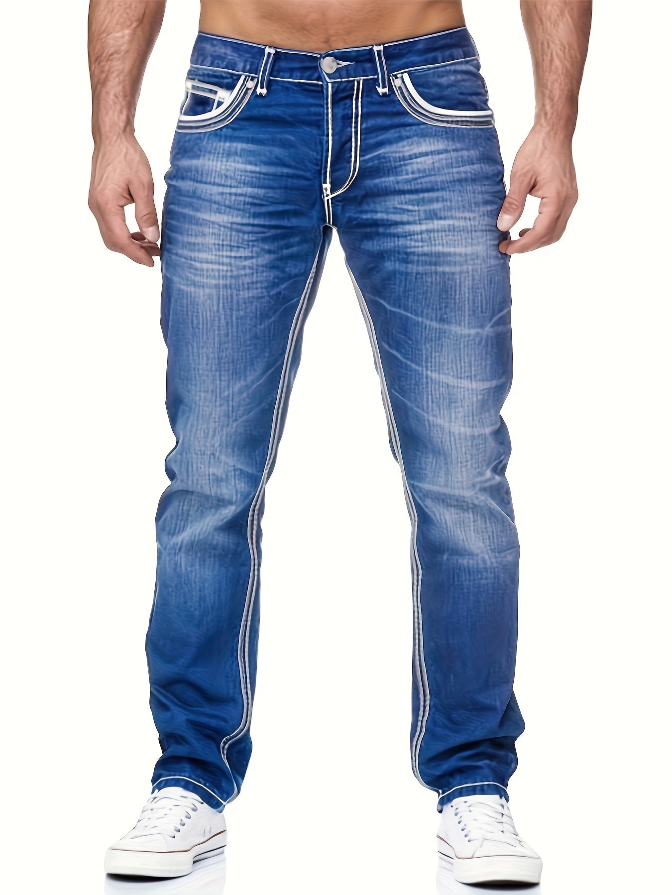 Men's Slim-Fit Embroidered Detail Jeans - Stretch Denim with Patchwork Accents, Machine Washable, Versatile All-Season Wear
