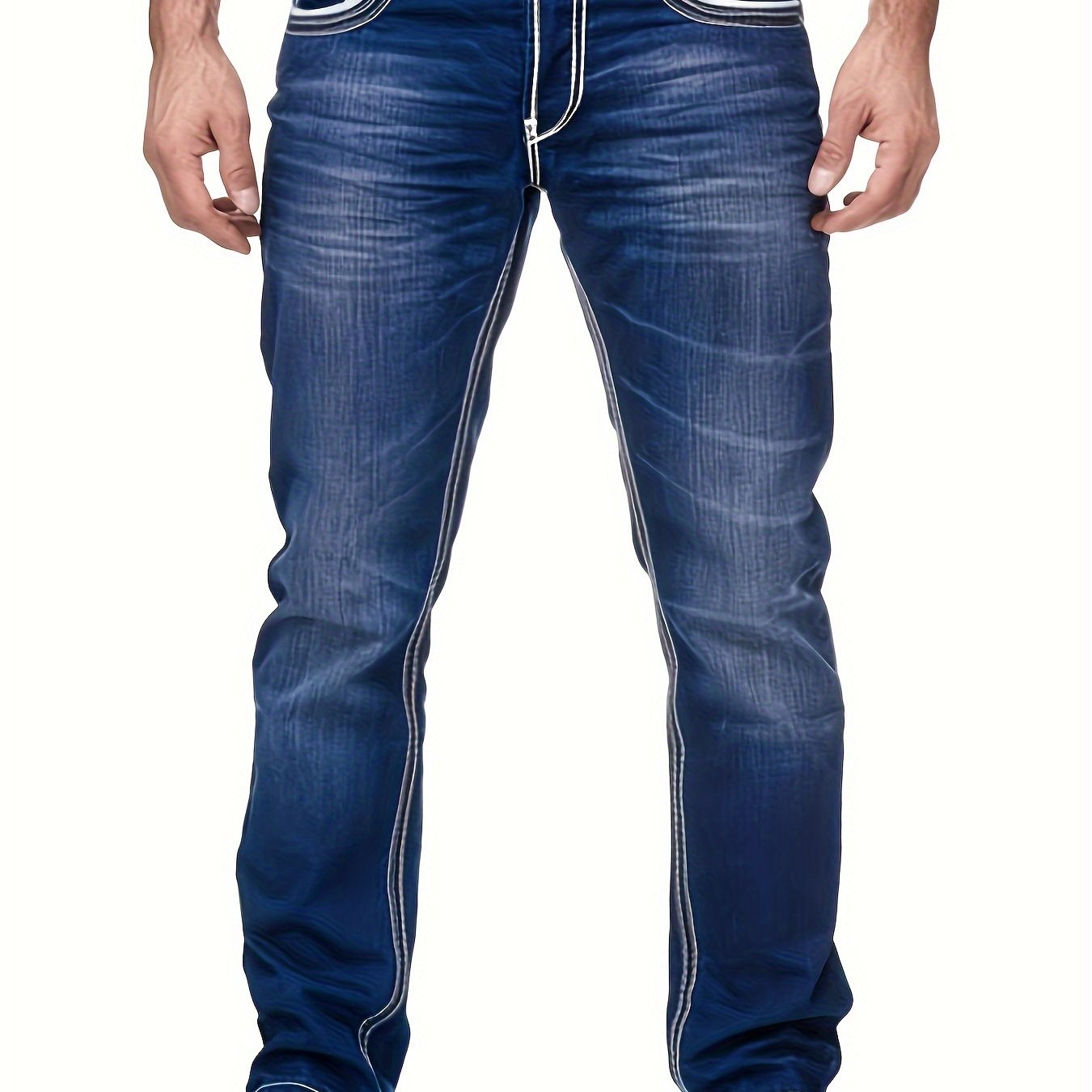 Men's Slim-Fit Embroidered Detail Jeans - Stretch Denim with Patchwork Accents, Machine Washable, Versatile All-Season Wear
