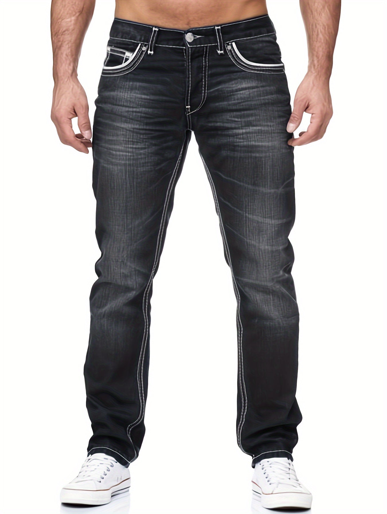 Men's Slim-Fit Embroidered Detail Jeans - Stretch Denim with Patchwork Accents, Machine Washable, Versatile All-Season Wear