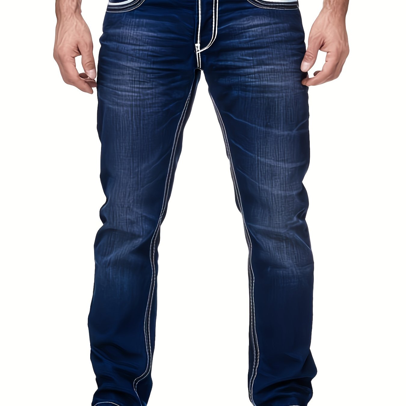 Men's Slim-Fit Embroidered Detail Jeans - Stretch Denim with Patchwork Accents, Machine Washable, Versatile All-Season Wear