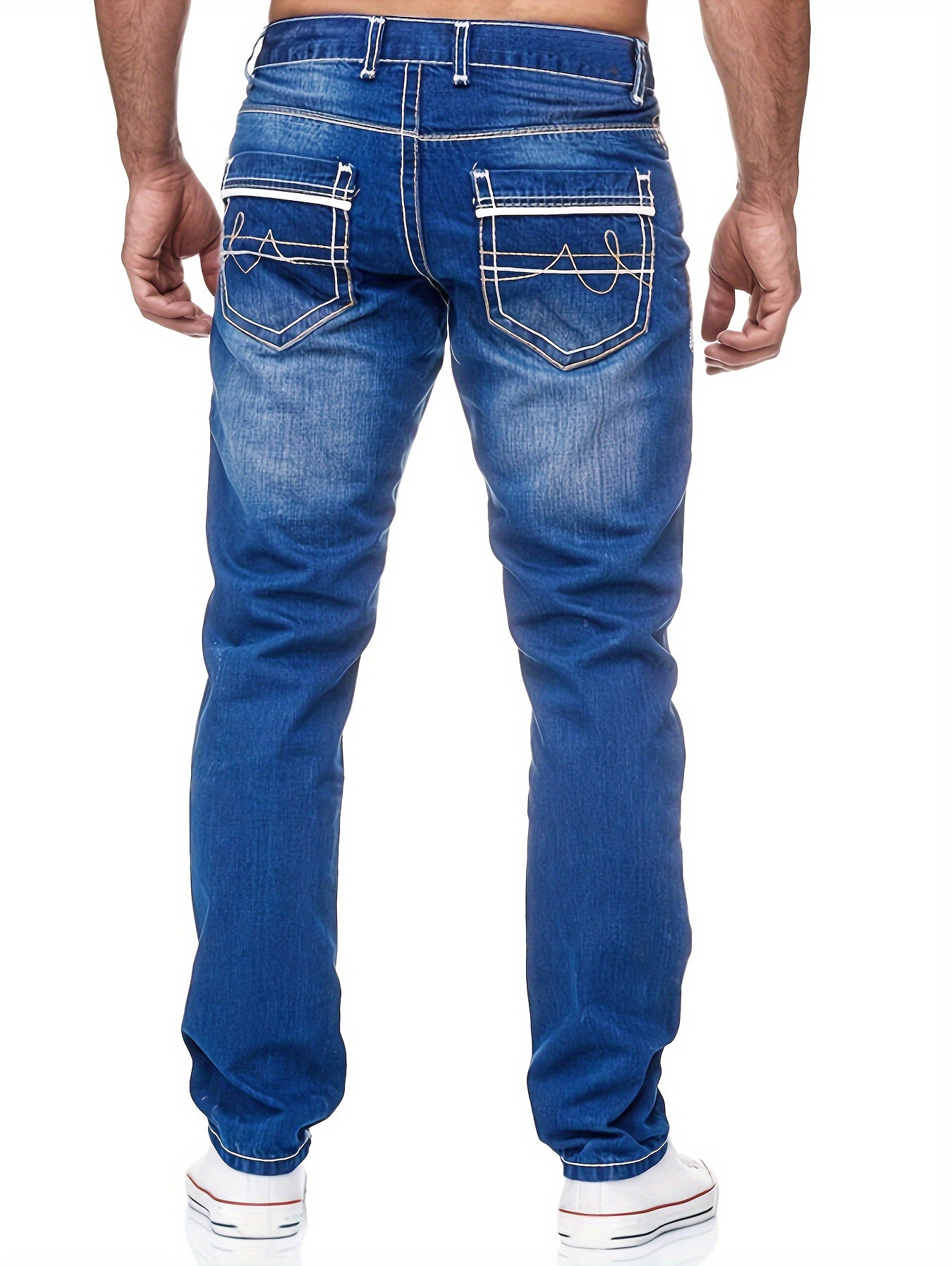 Men's Slim-Fit Embroidered Detail Jeans - Stretch Denim with Patchwork Accents, Machine Washable, Versatile All-Season Wear