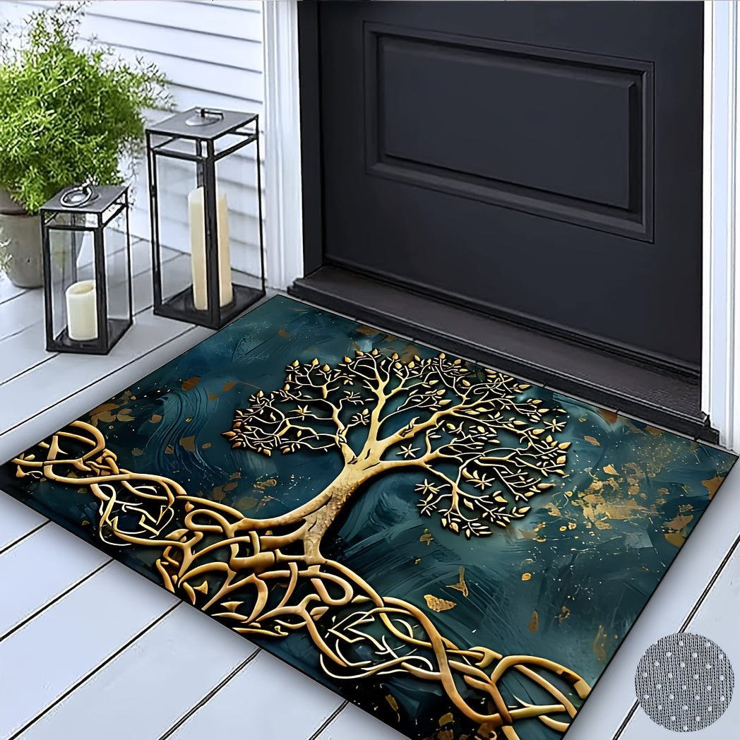 Elegant Life Tree Pattern Welcome Mat, Crystal Velvet Fabric, Silicone Backing, 1000g/m², Rectangular Non-Slip Washable Entrance Carpet for Home, Garden, Patio, Laundry Room, Bathroom Decor - Hand Wash Only, Durable All-Purp