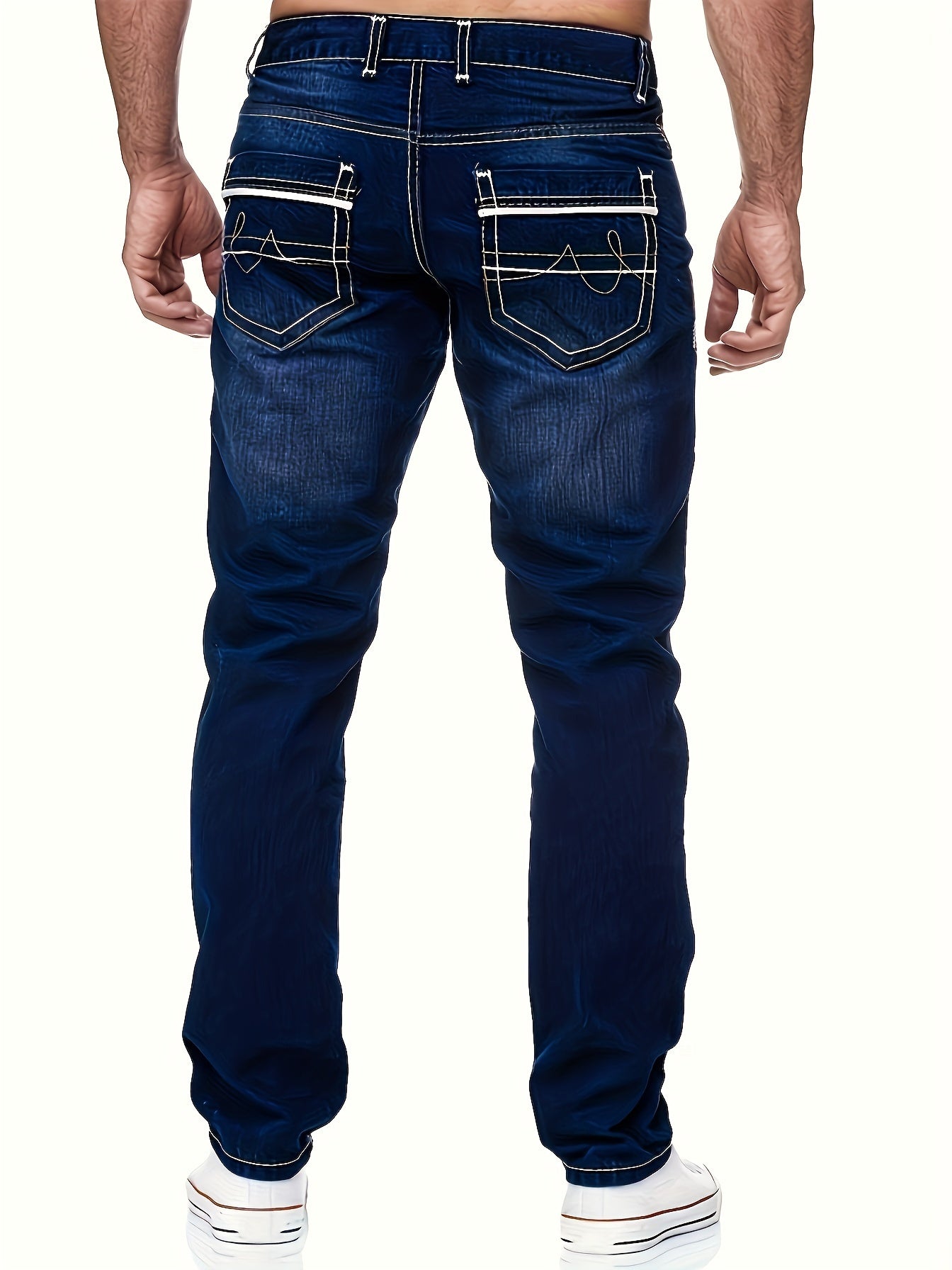 Men's Slim-Fit Embroidered Detail Jeans - Stretch Denim with Patchwork Accents, Machine Washable, Versatile All-Season Wear