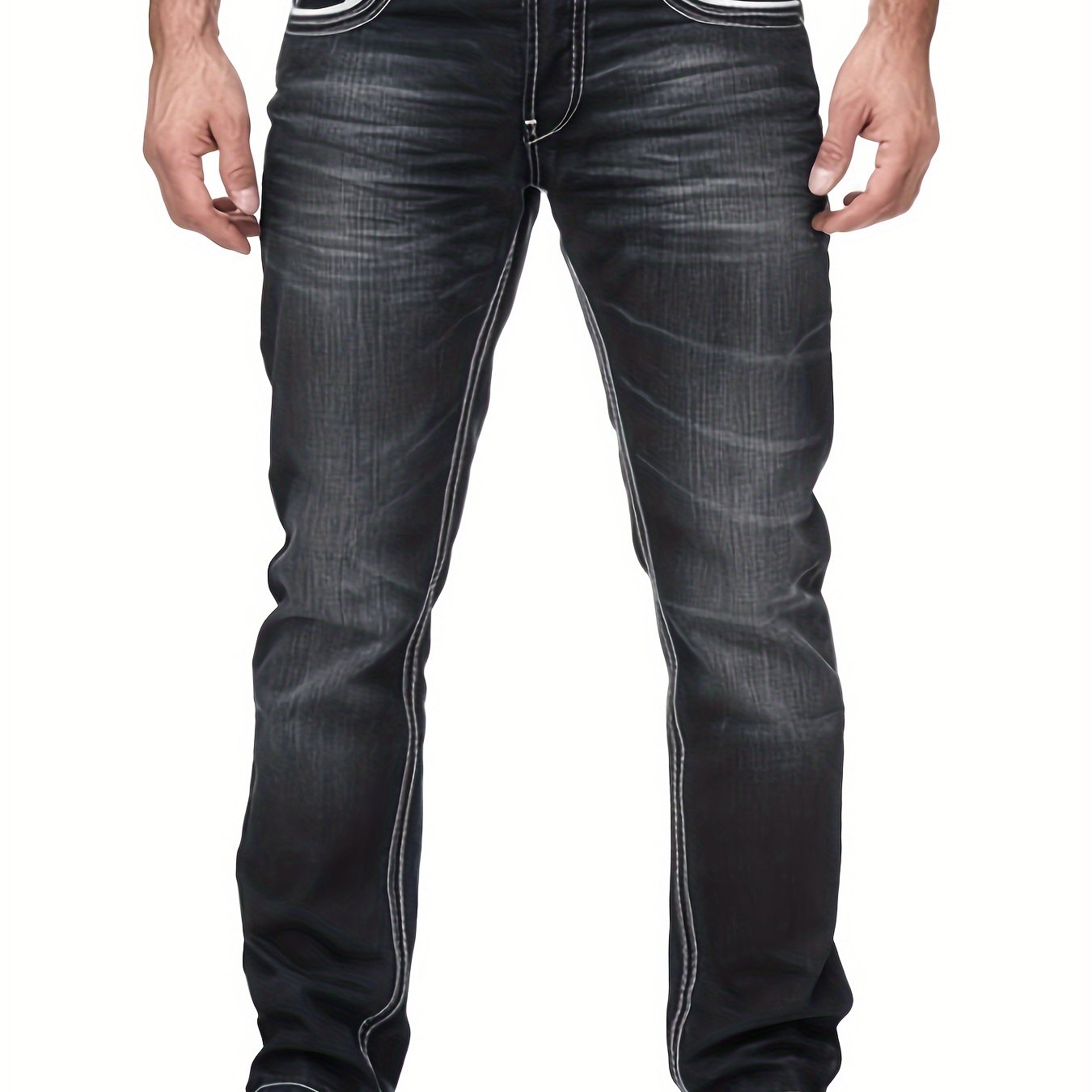 Men's Slim-Fit Embroidered Detail Jeans - Stretch Denim with Patchwork Accents, Machine Washable, Versatile All-Season Wear