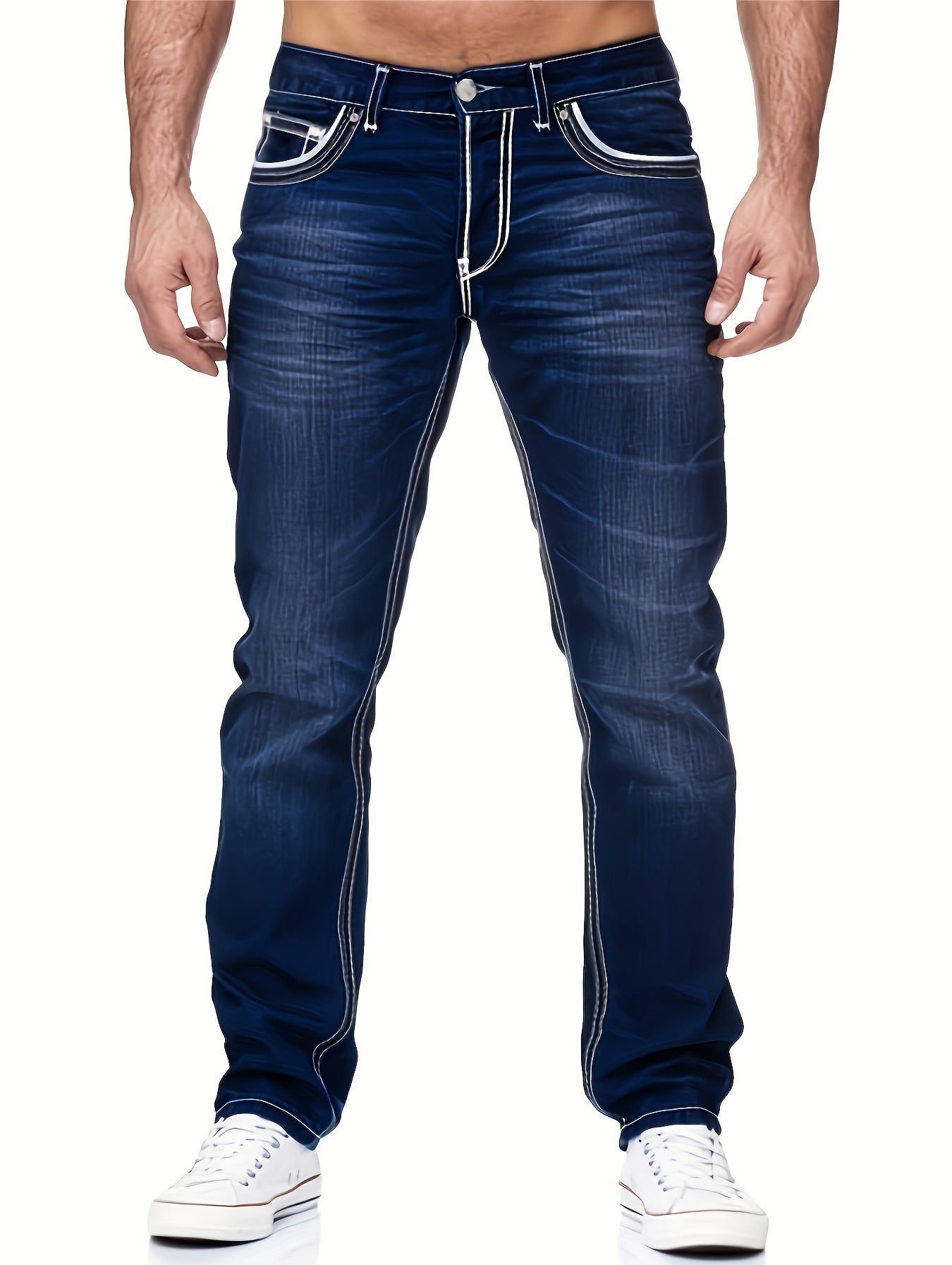 Men's Slim-Fit Embroidered Detail Jeans - Stretch Denim with Patchwork Accents, Machine Washable, Versatile All-Season Wear