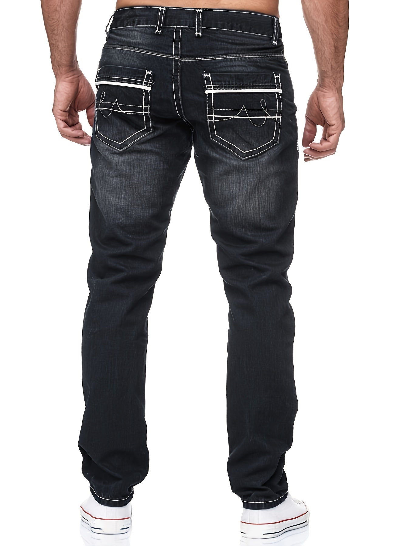 Men's Slim-Fit Embroidered Detail Jeans - Stretch Denim with Patchwork Accents, Machine Washable, Versatile All-Season Wear