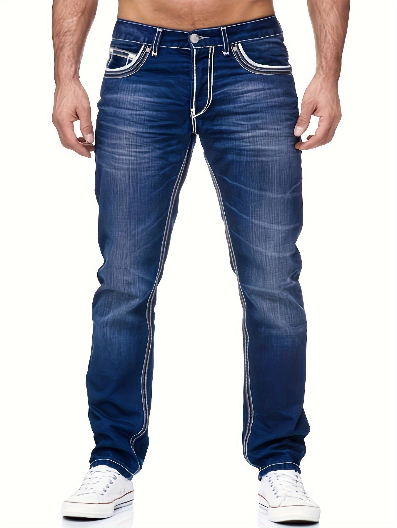 Men's Slim-Fit Embroidered Detail Jeans - Stretch Denim with Patchwork Accents, Machine Washable, Versatile All-Season Wear