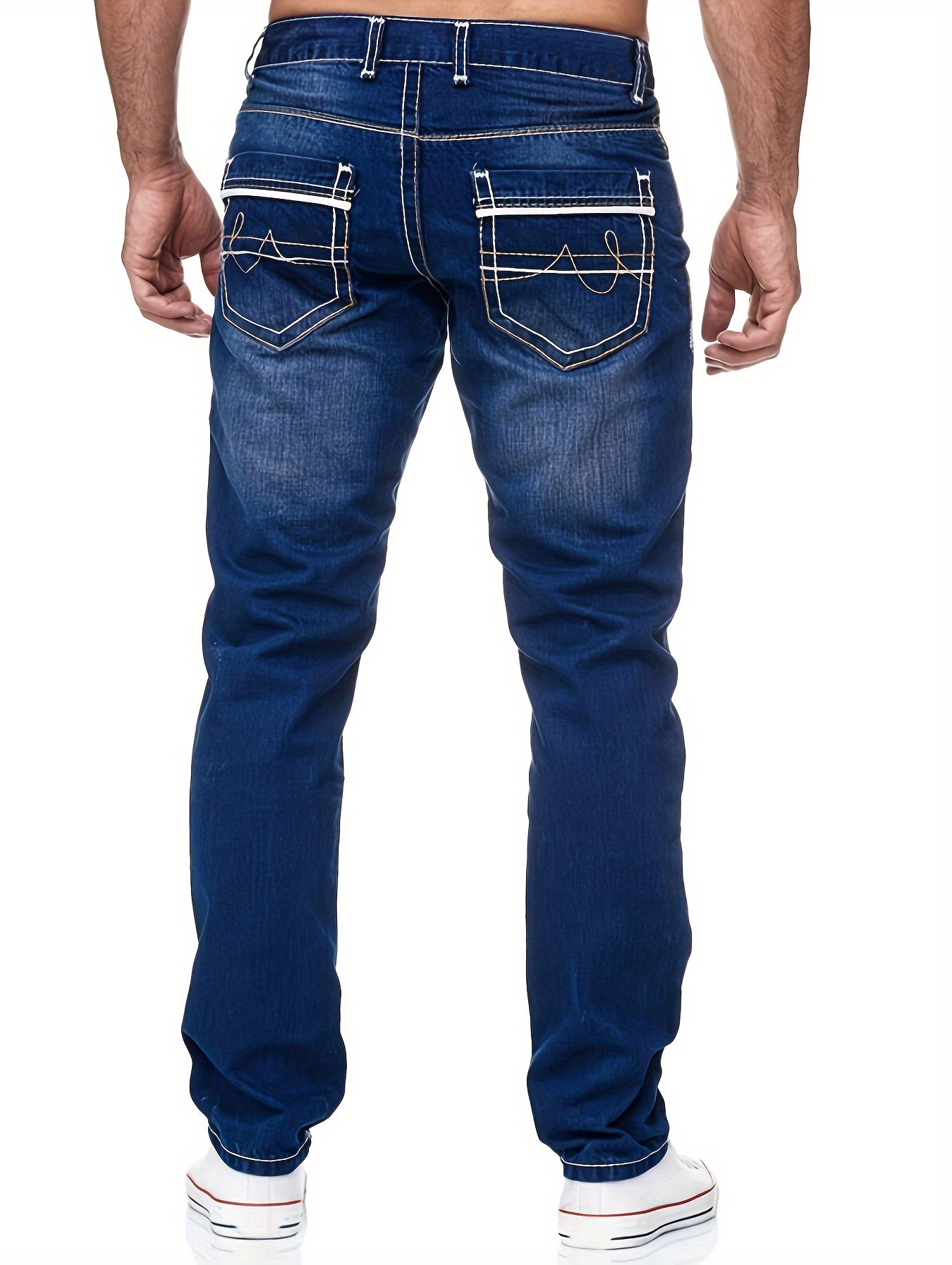 Men's Slim-Fit Embroidered Detail Jeans - Stretch Denim with Patchwork Accents, Machine Washable, Versatile All-Season Wear