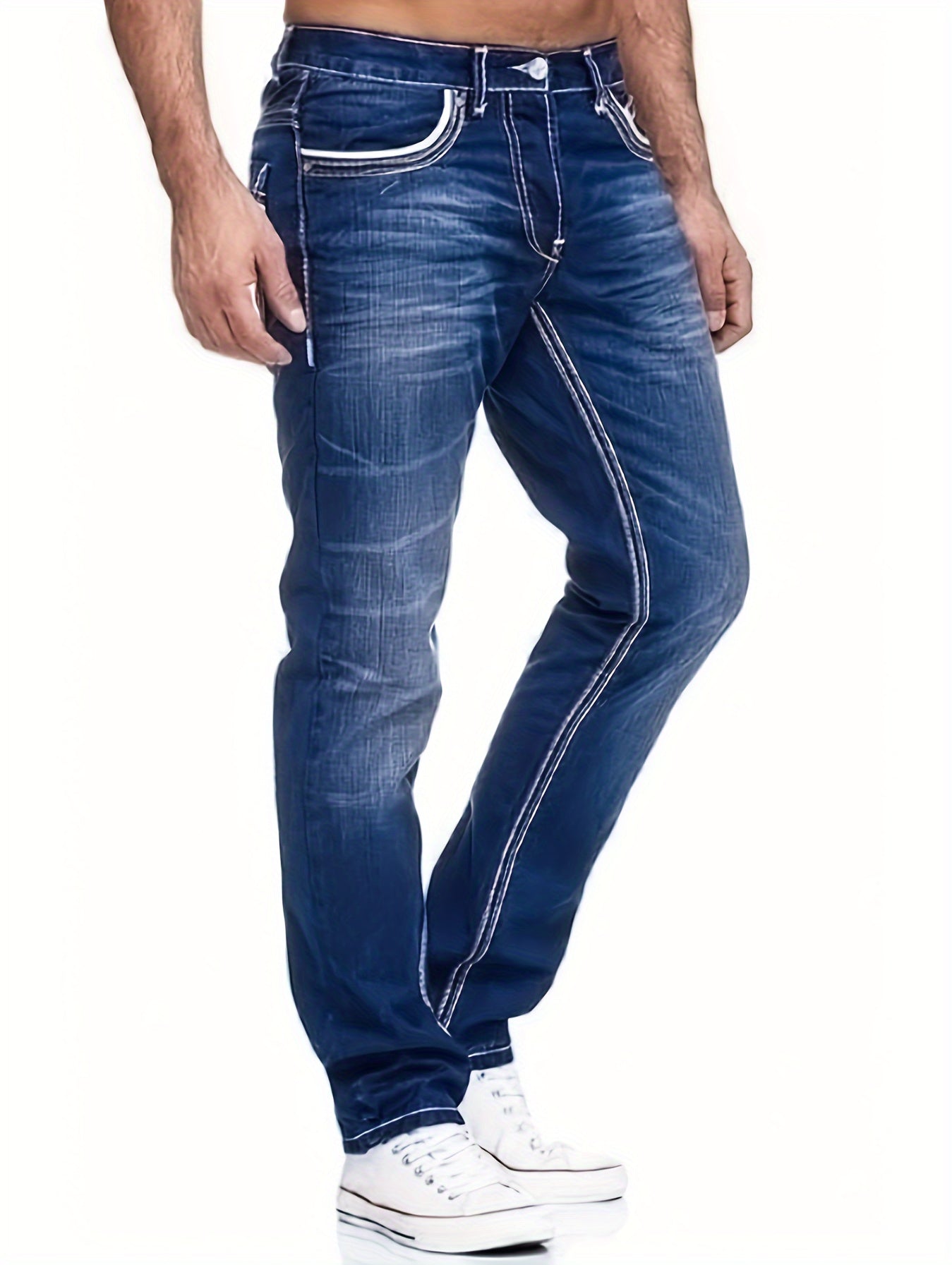Men's Slim-Fit Embroidered Detail Jeans - Stretch Denim with Patchwork Accents, Machine Washable, Versatile All-Season Wear