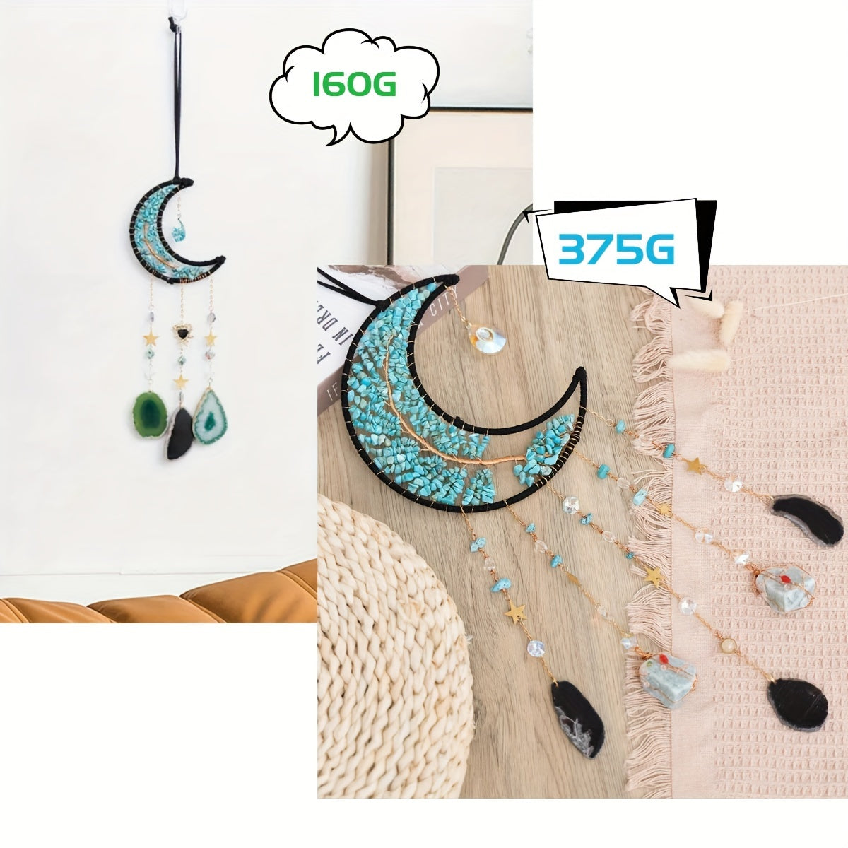 12cm X 48cm Resin Agate Moon Phase Dreamcatcher, Metal & Stone Material, Life Tree Car Mirror Hanging Charm, Decorative Art Style, 160g/375g Options, Festive Garden Party Decor