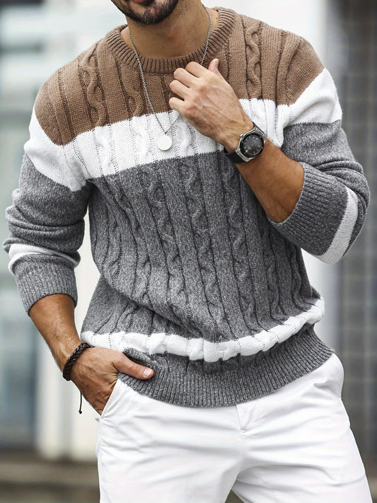 [Popular Choice] Beanie OBMB Autumn and Winter Men's Color Block Knitted Sweater, Round Neck Long Sleeve Knitted Patchwork Color Block Outing Business Casual Wear