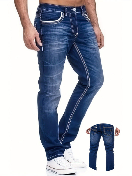 Men's Slim-Fit Embroidered Detail Jeans - Stretch Denim with Patchwork Accents, Machine Washable, Versatile All-Season Wear