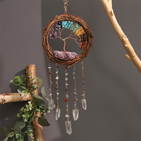 Handcrafted Life Tree Christmas Wreath with Natural Wood, Crystal Accents & Rattan Detailing - Perfect for Holiday Home Decor