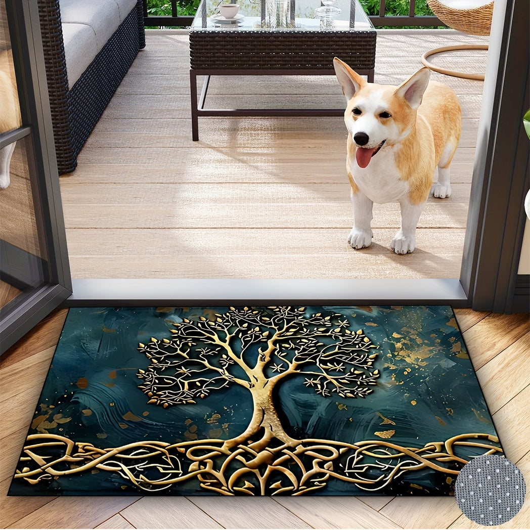 Elegant Life Tree Pattern Welcome Mat, Crystal Velvet Fabric, Silicone Backing, 1000g/m², Rectangular Non-Slip Washable Entrance Carpet for Home, Garden, Patio, Laundry Room, Bathroom Decor - Hand Wash Only, Durable All-Purp