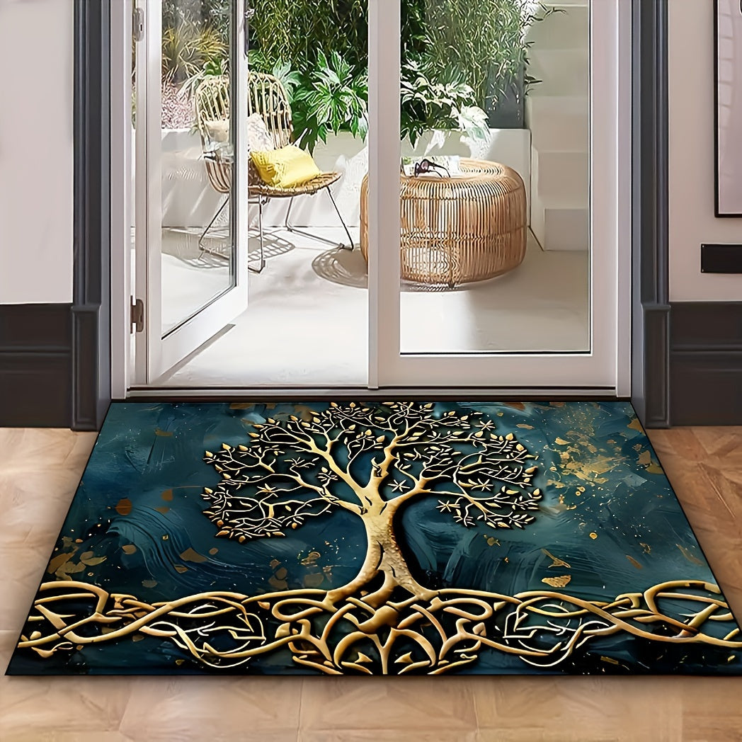 Elegant Life Tree Pattern Welcome Mat, Crystal Velvet Fabric, Silicone Backing, 1000g/m², Rectangular Non-Slip Washable Entrance Carpet for Home, Garden, Patio, Laundry Room, Bathroom Decor - Hand Wash Only, Durable All-Purp
