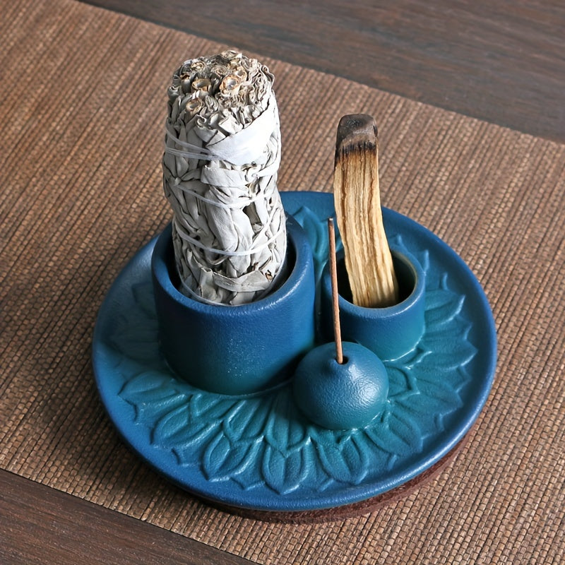 1pc 4-in-1 Ceramic Incense Burner Holder – Palo Santo & Sage Smudge Stand with Stick & Candle Holder, Elegant Home Decor for Meditation, Yoga, and Aromatherapy Relaxation, Home Relaxation | Rustic Ceramic Holder | Terracott