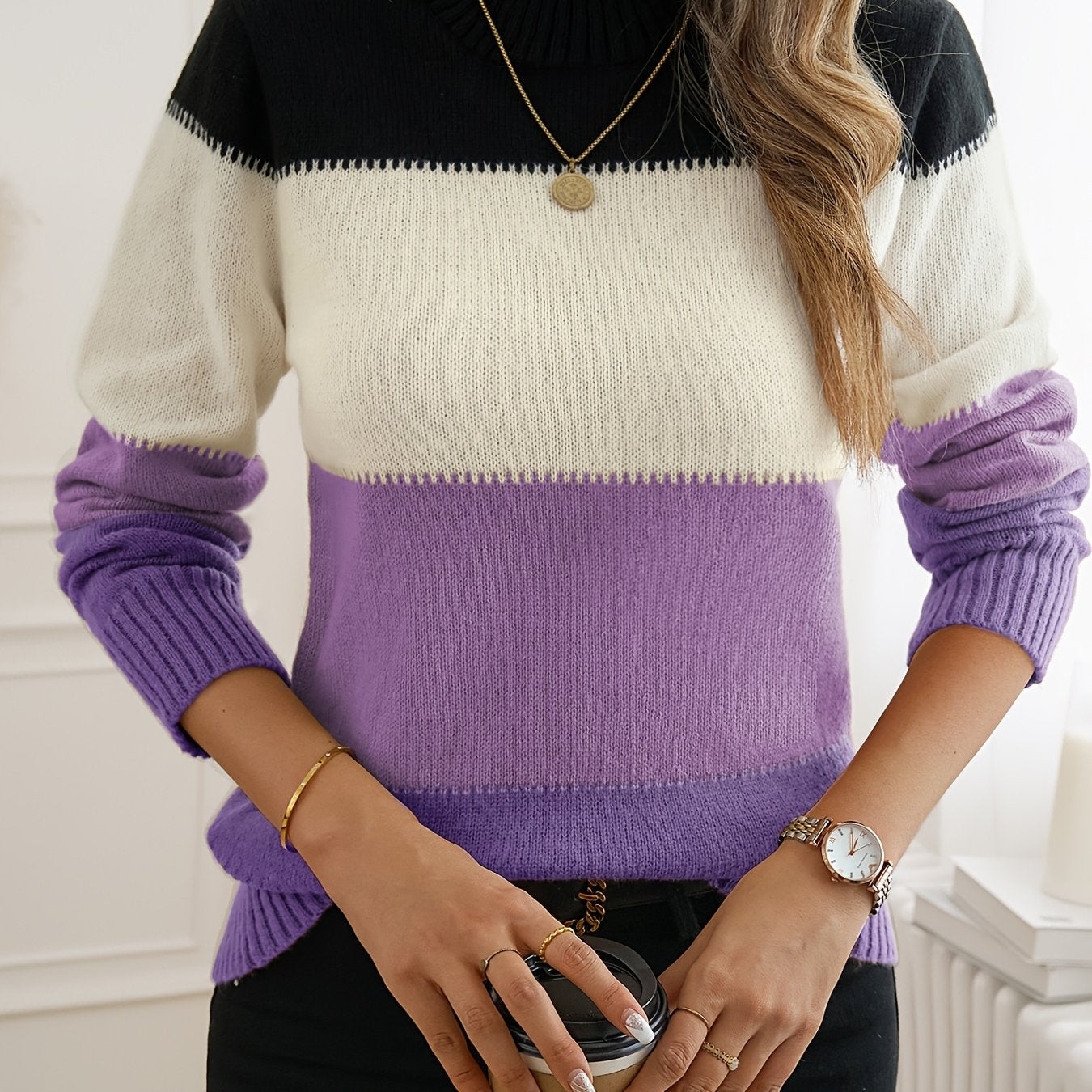 Color Block Crew Neck Sweater, Elegant Long Sleeve Sweater For Fall & Winter, Women's Clothing