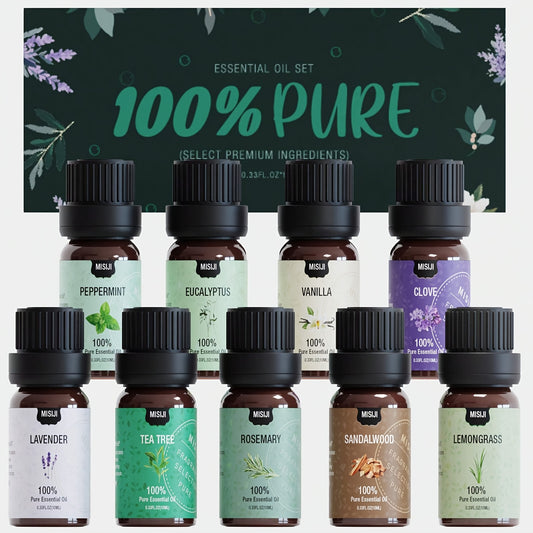 Premium Essential Oil Set with Diffuser Humidifier for Sleep Relaxation – 9pcs 10ml/3.04fl.oz Bundle – Promotes a Pleasant Home Scent – Ideal for DIY Scented Candles and Soap – Long-Lasting Fragrance – Perfect Hallo