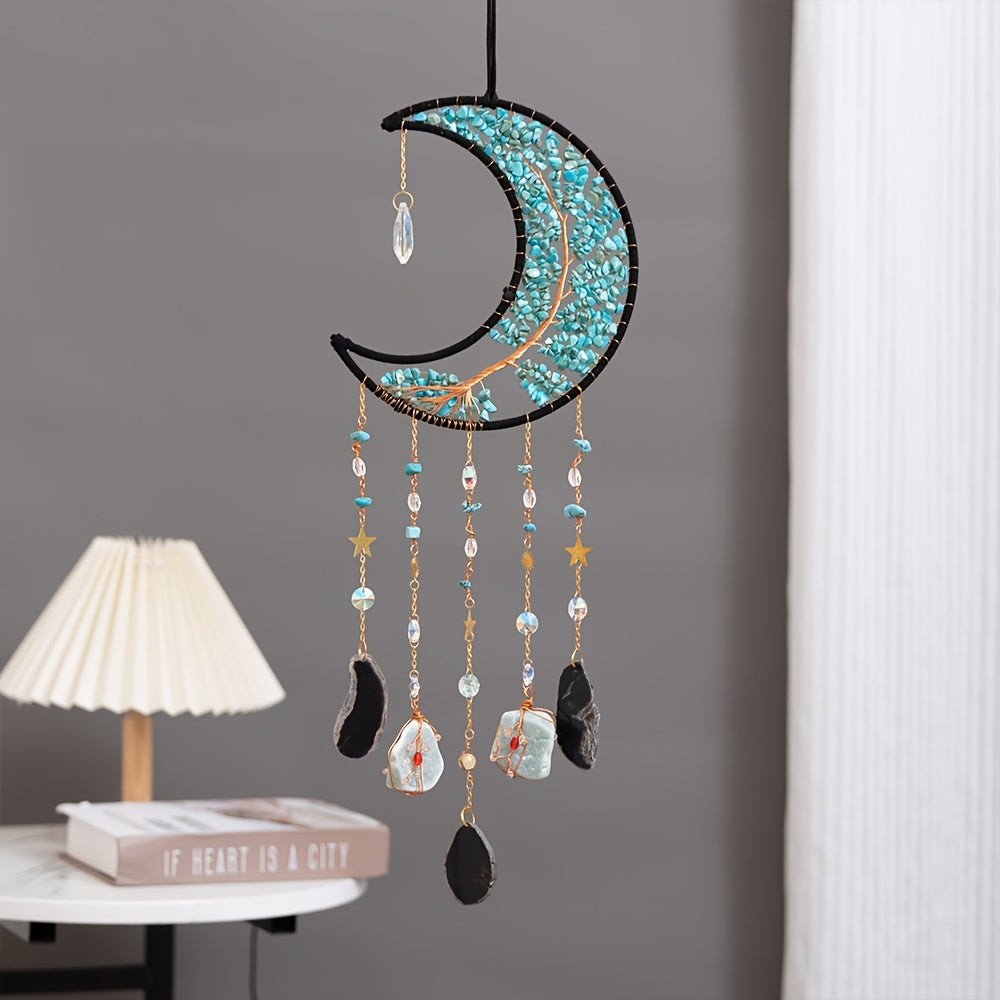 12cm X 48cm Resin Agate Moon Phase Dreamcatcher, Metal & Stone Material, Life Tree Car Mirror Hanging Charm, Decorative Art Style, 160g/375g Options, Festive Garden Party Decor
