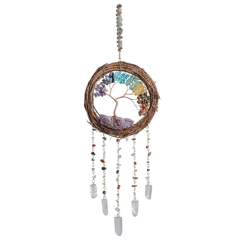 Handcrafted Life Tree Christmas Wreath with Natural Wood, Crystal Accents & Rattan Detailing - Perfect for Holiday Home Decor