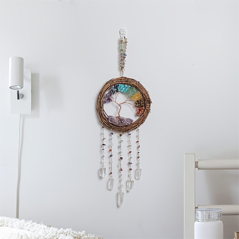 Handcrafted Life Tree Christmas Wreath with Natural Wood, Crystal Accents & Rattan Detailing - Perfect for Holiday Home Decor