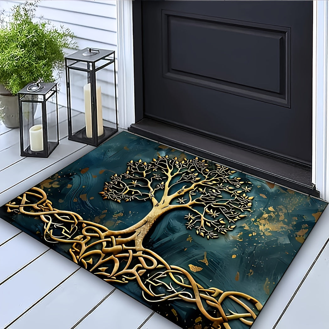 Elegant Life Tree Pattern Welcome Mat, Crystal Velvet Fabric, Silicone Backing, 1000g/m², Rectangular Non-Slip Washable Entrance Carpet for Home, Garden, Patio, Laundry Room, Bathroom Decor - Hand Wash Only, Durable All-Purp