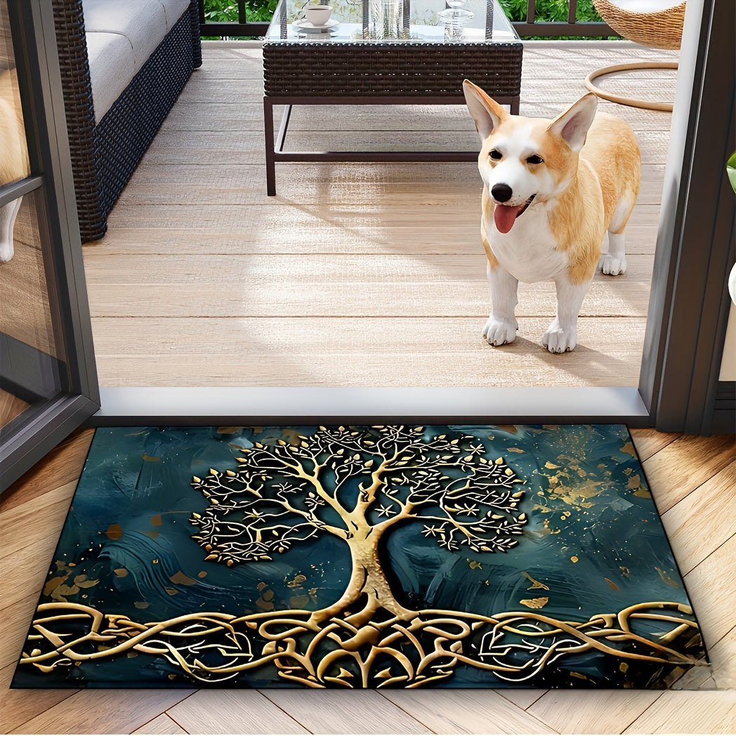 Elegant Life Tree Pattern Welcome Mat, Crystal Velvet Fabric, Silicone Backing, 1000g/m², Rectangular Non-Slip Washable Entrance Carpet for Home, Garden, Patio, Laundry Room, Bathroom Decor - Hand Wash Only, Durable All-Purp