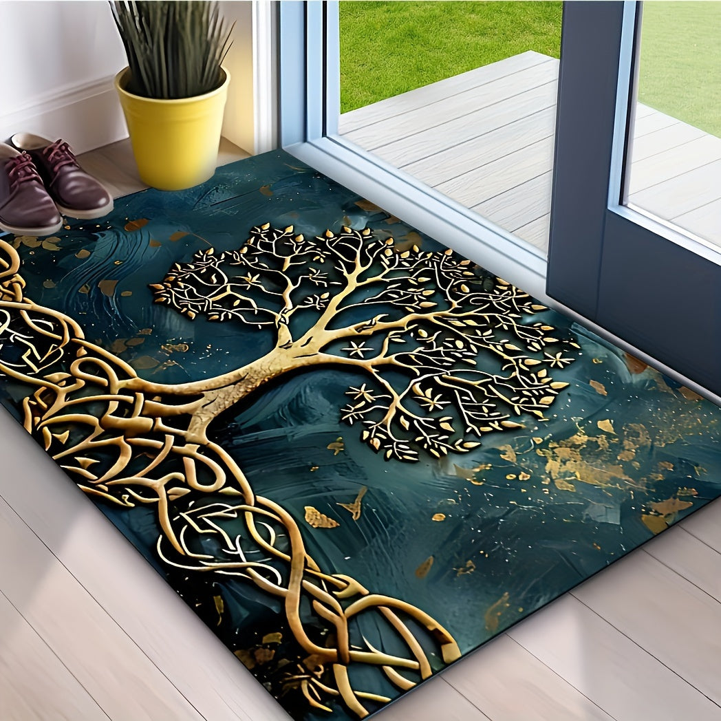 Elegant Life Tree Pattern Welcome Mat, Crystal Velvet Fabric, Silicone Backing, 1000g/m², Rectangular Non-Slip Washable Entrance Carpet for Home, Garden, Patio, Laundry Room, Bathroom Decor - Hand Wash Only, Durable All-Purp