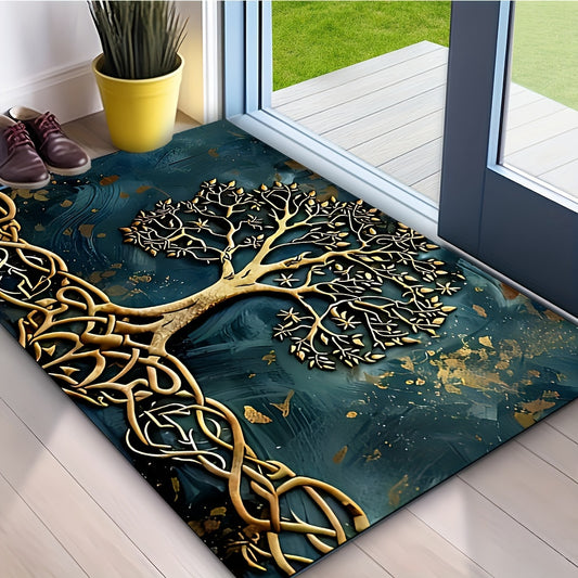Elegant Life Tree Pattern Welcome Mat, Crystal Velvet Fabric, Silicone Backing, 1000g/m², Rectangular Non-Slip Washable Entrance Carpet for Home, Garden, Patio, Laundry Room, Bathroom Decor - Hand Wash Only, Durable All-Purp