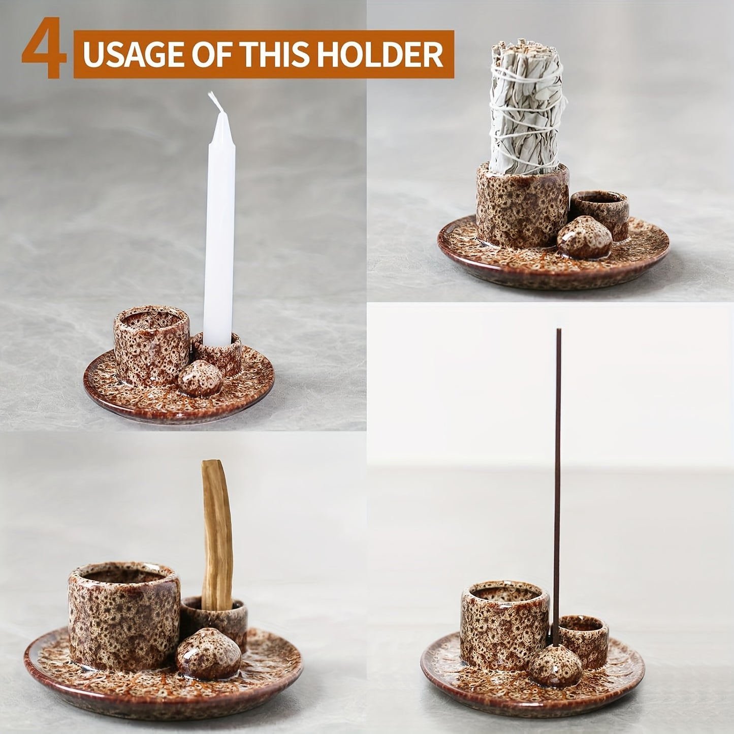 1pc 4-in-1 Ceramic Incense Burner Holder – Palo Santo & Sage Smudge Stand with Stick & Candle Holder, Elegant Home Decor for Meditation, Yoga, and Aromatherapy Relaxation, Home Relaxation | Rustic Ceramic Holder | Terracott