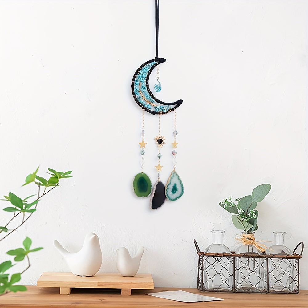 12cm X 48cm Resin Agate Moon Phase Dreamcatcher, Metal & Stone Material, Life Tree Car Mirror Hanging Charm, Decorative Art Style, 160g/375g Options, Festive Garden Party Decor