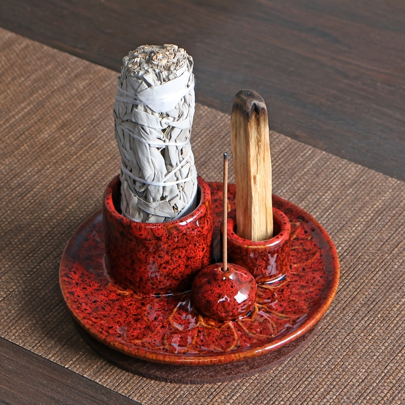 1pc 4-in-1 Ceramic Incense Burner Holder – Palo Santo & Sage Smudge Stand with Stick & Candle Holder, Elegant Home Decor for Meditation, Yoga, and Aromatherapy Relaxation, Home Relaxation | Rustic Ceramic Holder | Terracott