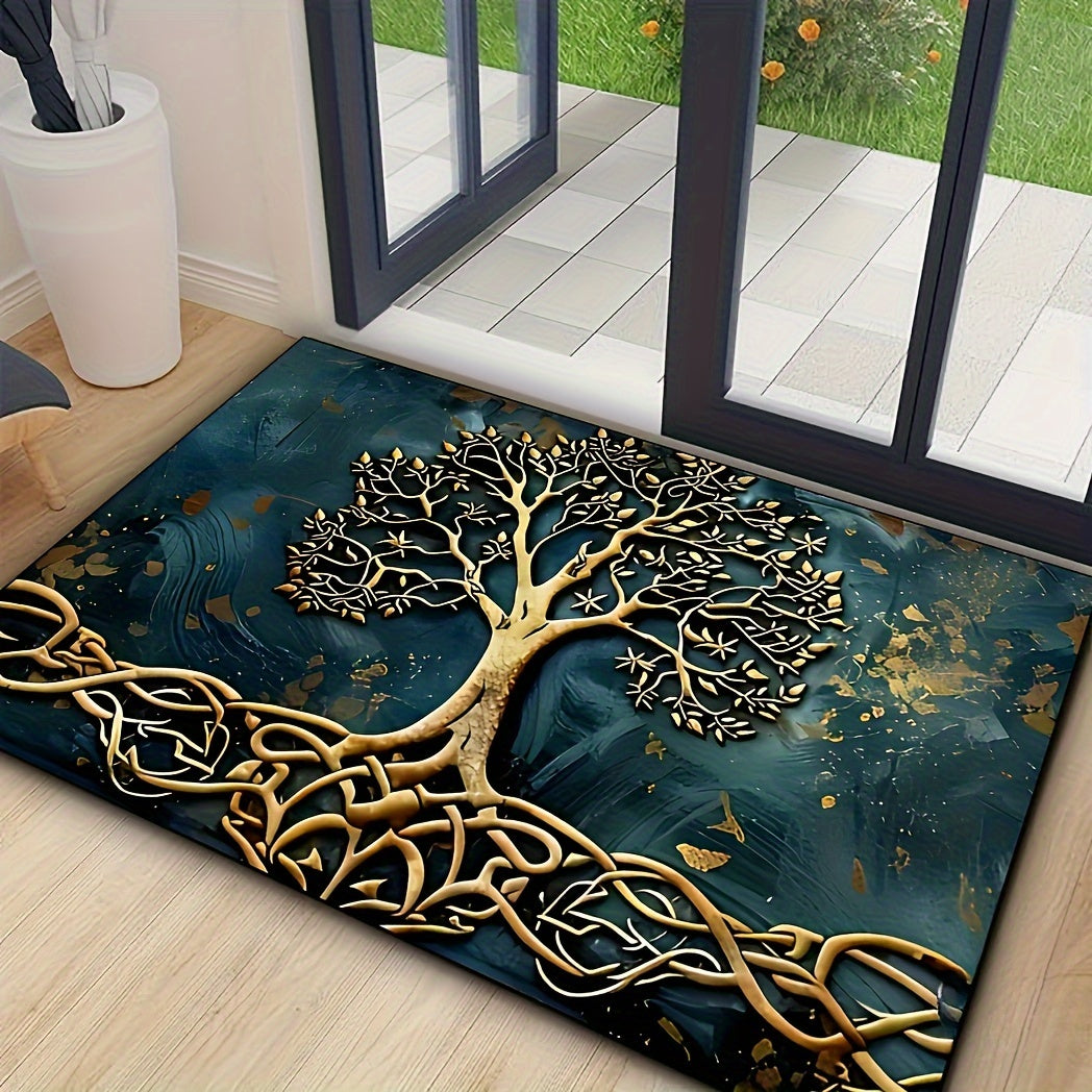 Elegant Life Tree Pattern Welcome Mat, Crystal Velvet Fabric, Silicone Backing, 1000g/m², Rectangular Non-Slip Washable Entrance Carpet for Home, Garden, Patio, Laundry Room, Bathroom Decor - Hand Wash Only, Durable All-Purp
