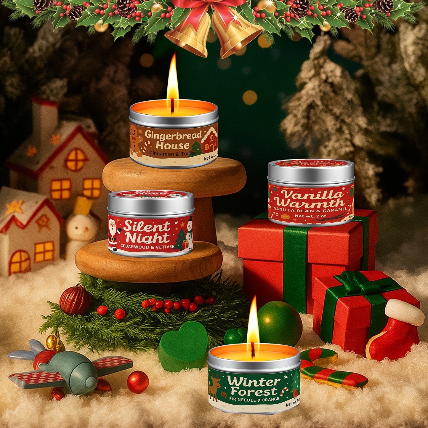 4pcs Premium Holiday Scented Candle Set - Christmas Candles with Cinnamon, Pine Tree & Vanilla Scents | Perfect Gift for Family and Friends | Ideal for Cozy Winter Nights, Holiday Parties & Home Decor | 4x3oz Christmas Candle