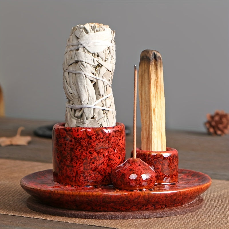 1pc 4-in-1 Ceramic Incense Burner Holder – Palo Santo & Sage Smudge Stand with Stick & Candle Holder, Elegant Home Decor for Meditation, Yoga, and Aromatherapy Relaxation, Home Relaxation | Rustic Ceramic Holder | Terracott