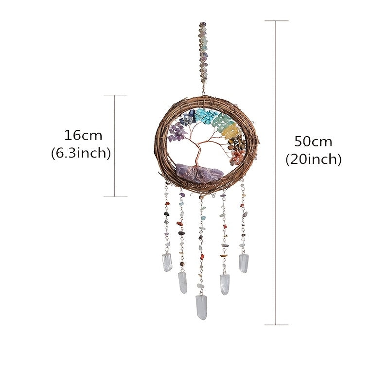 Handcrafted Life Tree Christmas Wreath with Natural Wood, Crystal Accents & Rattan Detailing - Perfect for Holiday Home Decor