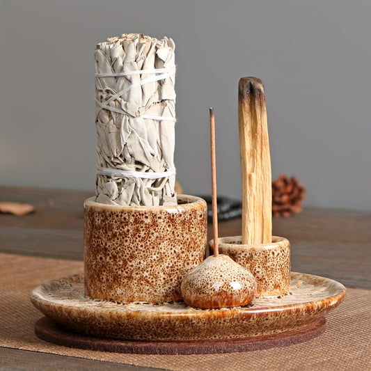 1pc 4-in-1 Ceramic Incense Burner Holder – Palo Santo & Sage Smudge Stand with Stick & Candle Holder, Elegant Home Decor for Meditation, Yoga, and Aromatherapy Relaxation, Home Relaxation | Rustic Ceramic Holder | Terracott