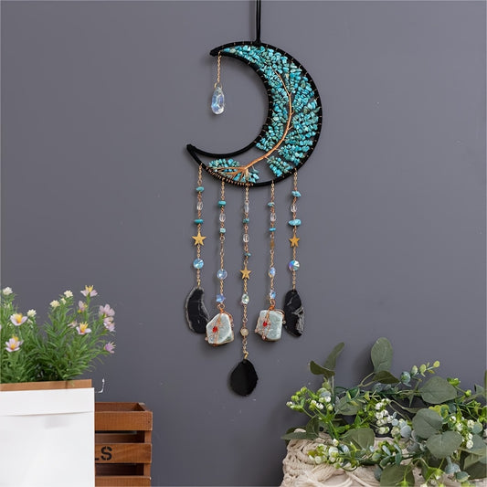 12cm X 48cm Resin Agate Moon Phase Dreamcatcher, Metal & Stone Material, Life Tree Car Mirror Hanging Charm, Decorative Art Style, 160g/375g Options, Festive Garden Party Decor